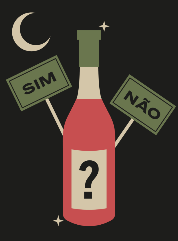 Ilustração com garrafas de vinho e plaquinhas dizendo "sim" e "não" para falar sobre álcool e consentimento