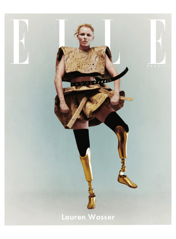 capas das revista elle com sabrina sato caracterizada como elke maravila e a modelo Lauren Wasser