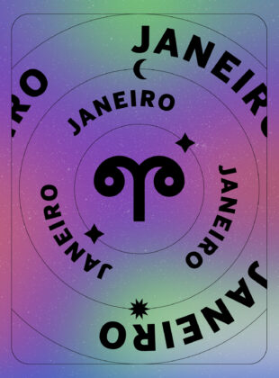 ilustração com o símbolo do signo de áries, fundo roxo e verde e a palavra janeiro