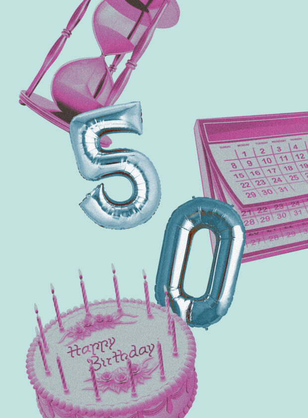 Ilustração com balões com os números 5 e 0, bolo, ampulheta e folhinha de calendário