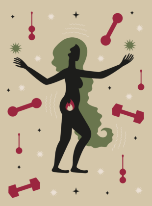 ilustração com mulher silhueta de mulher dançando e pesos de academia em volta