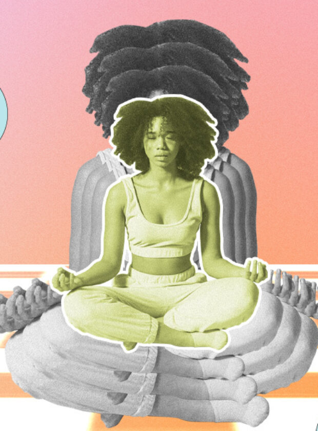 Ilustração mostra mulher negra meditando, em posição de lótus