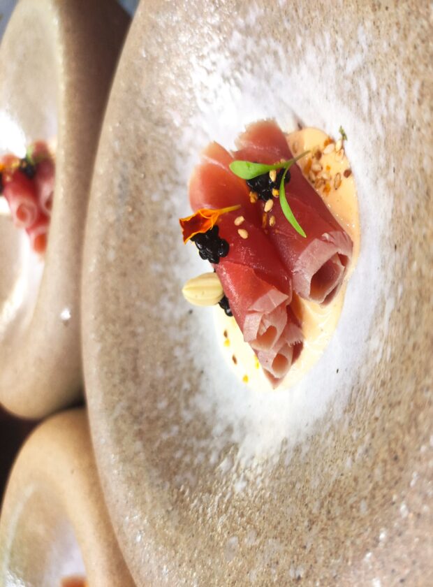 Fatias de atum selado decorado com ovas negras, gergelim e brotos de beterraba, do mee