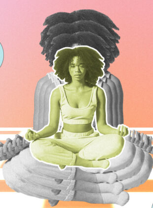Ilustração mostra mulher negra meditando, em posição de lótus