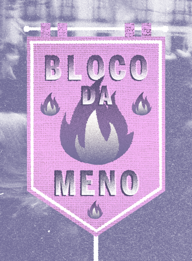 ilustração com bandeira escrito Bloco da Meno e desenho de foguinhos