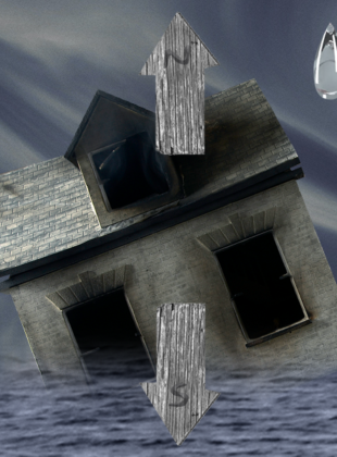 ilustração de casa na chuva sendo submersa na água