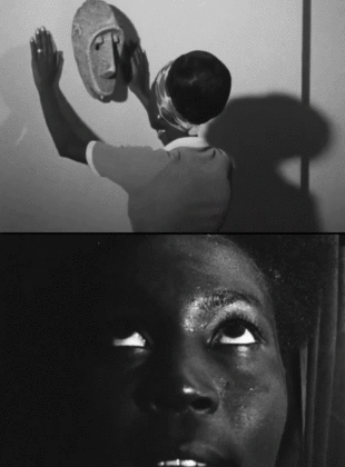 cenas com uma mulher negra pendurando uma máscara na parede e outra cena com ela olhando para cima