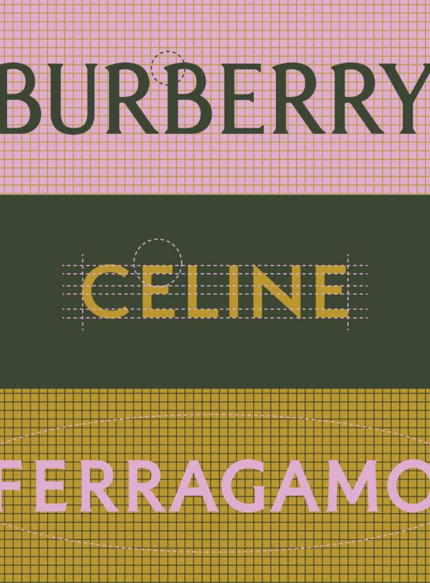 Logos das marcas e identidade visual das Burberry, Celine e Ferragamo