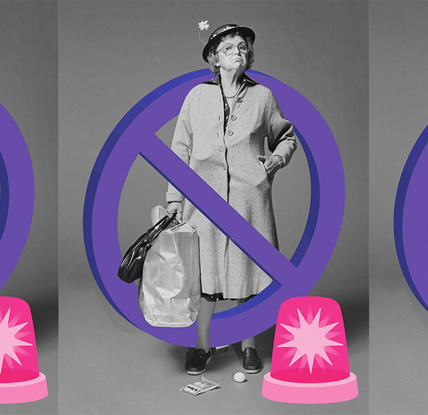 envelhecimento feminino: mulher velha com símbolo de proibido