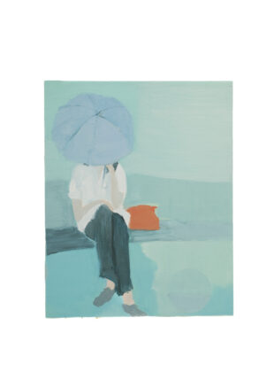 pintura de deborah paiva mostra mulher escondida sob guarda-chuva