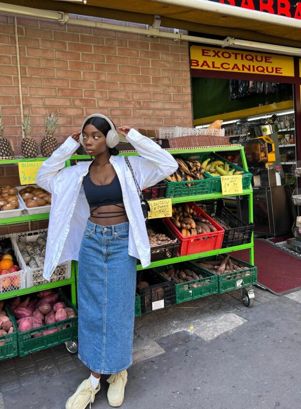 look com saia jeans longa