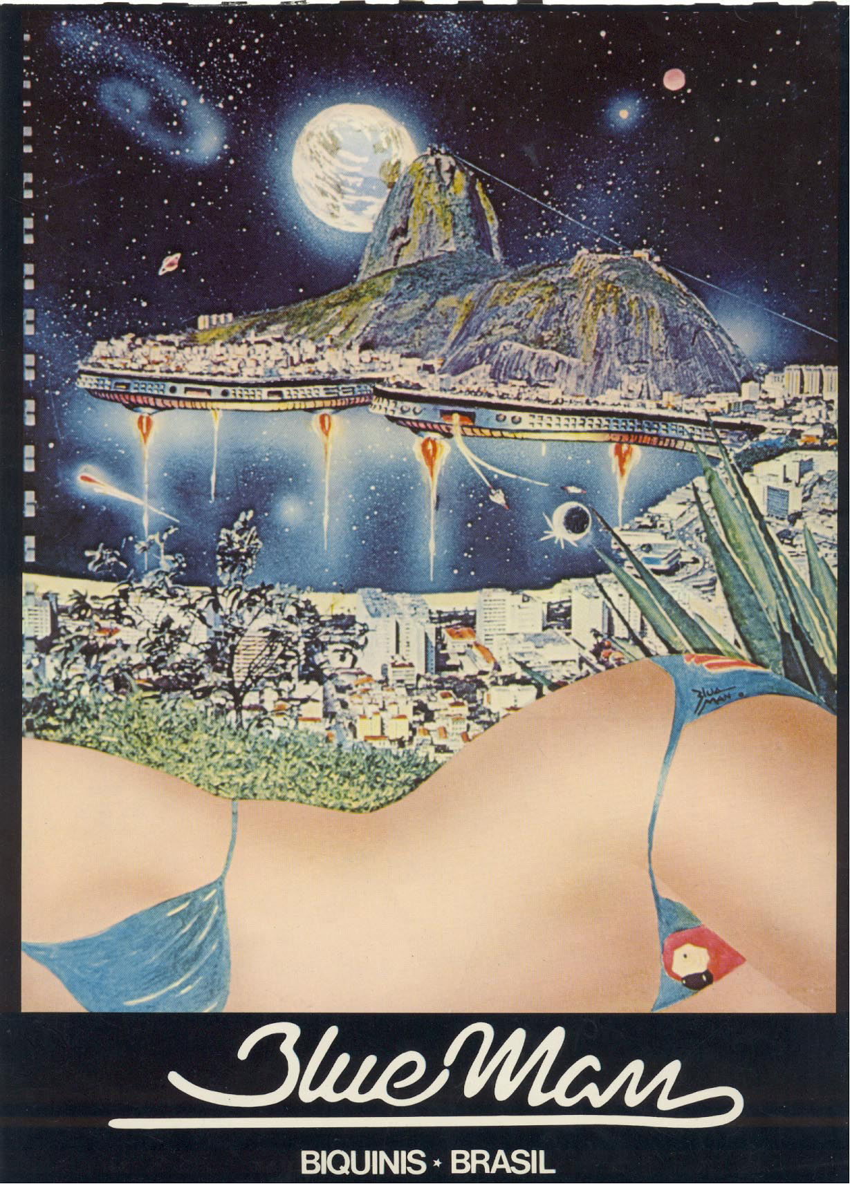 Pôster da Blue Man dos anos 1970, destacando o biquíni jeans com estampa de arara: a partir dos anos 1970, a moda carioca transforma a cidade em elemento central da própria narrativa.