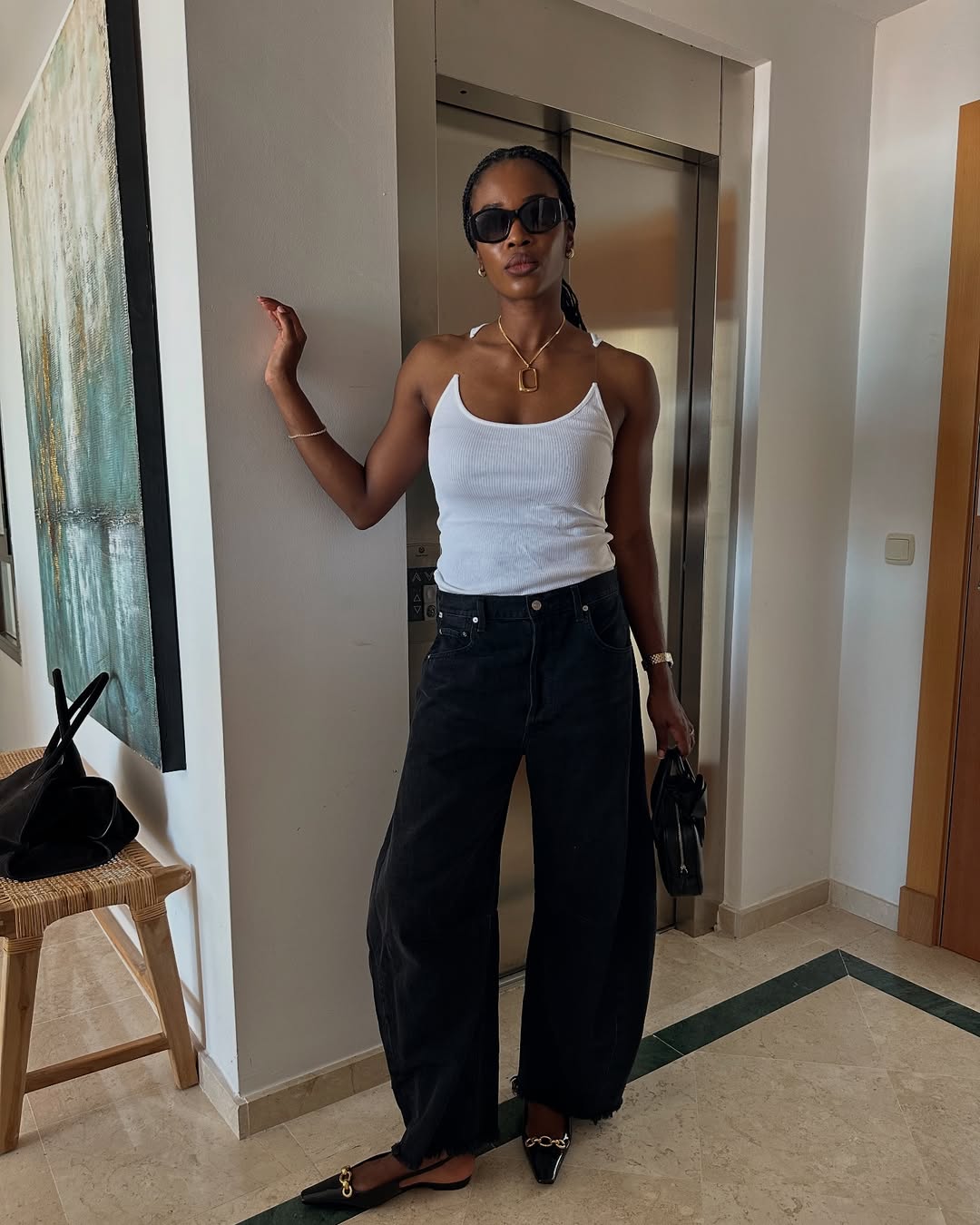 look com calça jeans preta