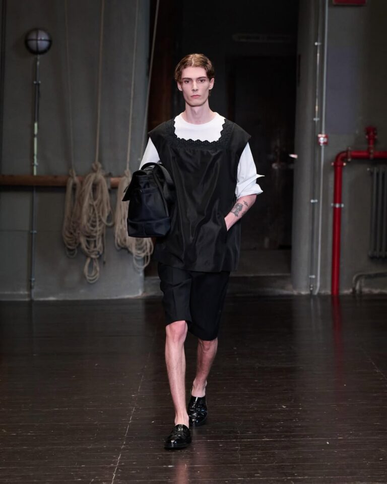Simone Rocha SS27 Menswear Look 15 YIFAN A vest in panelled slip satin with lace edging and rib 1
